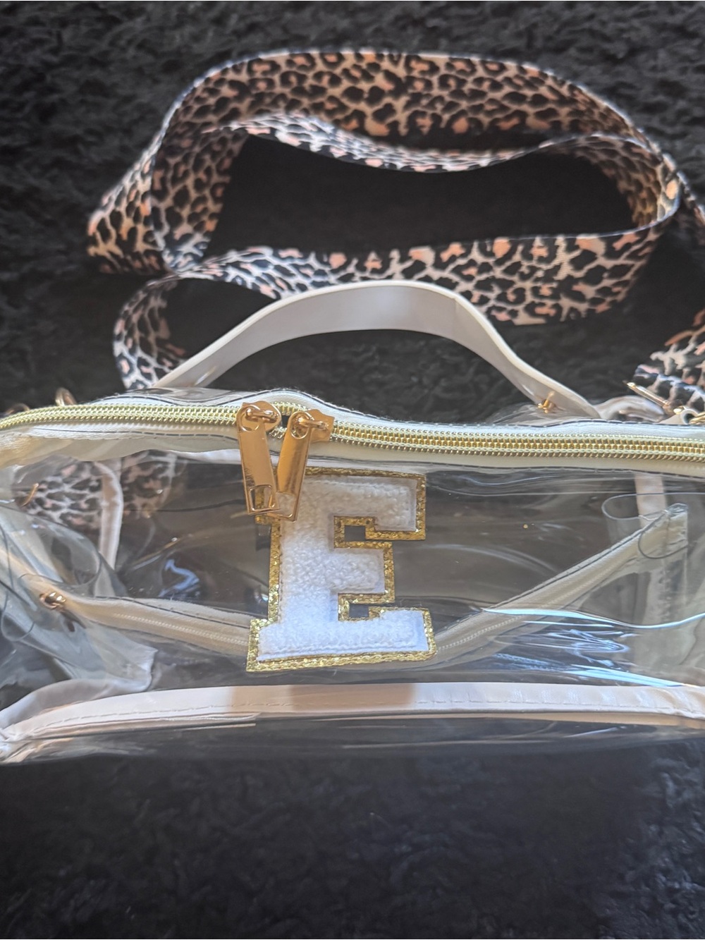 NEW Clear Crossbody Bag with White Trim, Gold Hardware and Leopard Strap